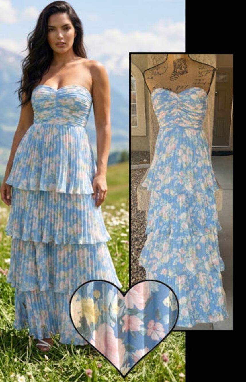 Lulus Blue Floral  Strapless Pleated Tiered Seriously Sensational Maxi Dress L
